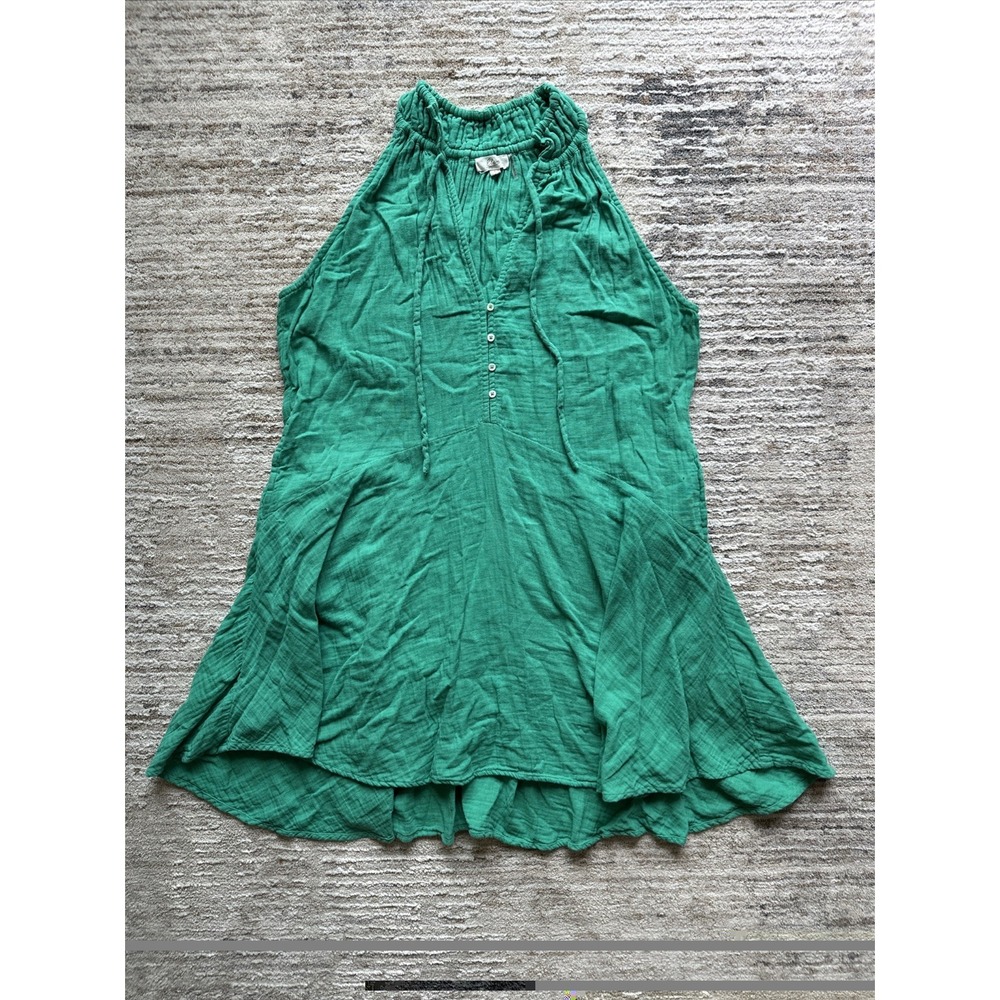 Elan Green Button Tie Scrunchie Pleated Sleeveless Beach Dress Sz L Cotton Boho